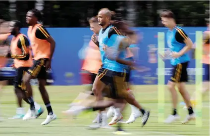  ?? Picture: Reuters ?? ONE MORE BRIDGE TO CROSS. Belgian defender Vincent Kompany and his team-mates during a training session in Moscow yesterday ahead of their World Cup third-place play-off against England.