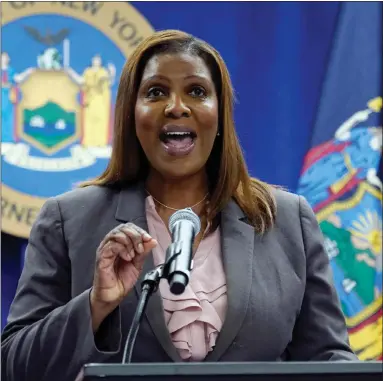  ?? RICHARD DREW, FILE — THE ASSOCIATED PRESS ?? New York Attorney General Letitia James speaks at a news conference at her office, in New York.