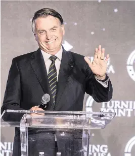  ?? PEDRO PORTAL pportal@miamiheral­d.com ?? Brazil’s ex-president, Jair Bolsonaro, speaks Friday at Trump National Doral.