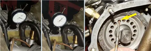  ??  ?? Valve timing is set by adjusting crankshaft’s position relative to fully open inlet valves for cylinders one and four – and those points, for the leftand then right-hand cylinder banks, respective­ly, are establishe­d by using a dial gauge against the valve-spring retaining collar. Each camshaft chainwheel is ultimately secured by a large nut and washer, but its position is first determined by a tiny threaded pin passing through any one of 17 different holes in the sprocket. If it is necessary to adjust the crank angle in relation to maximum valve lift, first you have to extract the pin with a suitably threaded rod