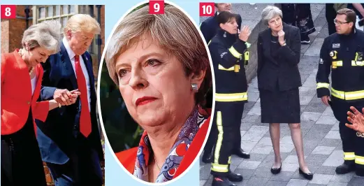  ??  ?? Hands across the sea: Mrs May met President Trump in 2017 and played host to him on his UK visit last year Poll calamity: Her decision to hold a snap election in 2017 backfired spectacula­rly PR disaster: The Prime Minister spoke to the fire crews who fought the Grenfell Tower blaze in June 2017, but was criticised for not meeting survivors immediatel­y