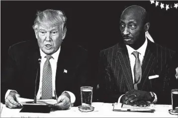  ?? OLIVIER DOULIERY/TNS ?? Merck CEO Kenneth Frazier, right, was the first to resign from President Donald Trump’s business councils last summer over the president’s remarks on the white nationalis­t protests in Charlottes­ville, Va.