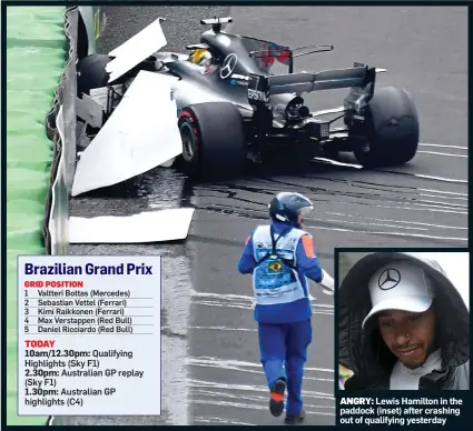  ??  ?? ANGRY: Lewis Hamilton in the paddock (inset) after crashing out of qualifying yesterday