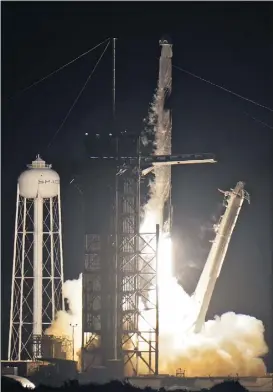  ?? CHRIS O’MEARA — THE ASSOCIATED PRESS ?? A SpaceX Falcon 9 rocket, with four private citizens on board, lifts off Wednesday from Kennedy Space Center’s Launch Pad 39-A in Cape Canaveral , Fla.