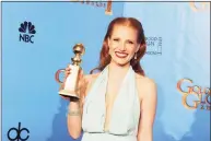  ?? Kevin Winter / Getty Images ?? Actress Jessica Chastain, winner of Best Actress in a Motion Picture (Drama) for “Zero Dark Thirty,” at the 70th Annual Golden Globe Awards in Beverly Hills, Calif.