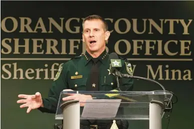  ?? RICARDO RAMIREZ BUXEDA/ORLANDO SENTINEL ?? Orange County Sheriff John Mina holds a press conference on multiple shootings on Wednesday. A suspect was arrested after several people were shot near an earlier homicide scene.