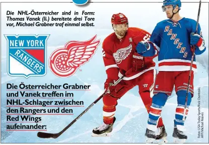  ??  ?? Die NHL-Österreich­er sind in Form: Thomas Vanek (li.) bereitete drei Tore vor, Michael Grabner traf einmal selbst.