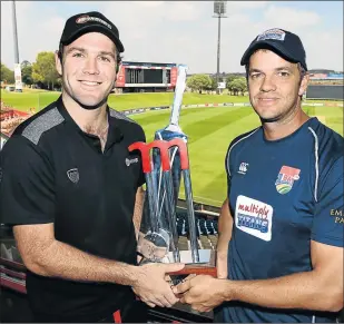  ?? Picture: GALLO IMAGES ?? TUG-O-WAR: Warriors’ captain, Jon-Jon Smuts, left, and Albie Morkel of the Titans pose with the trophy during the Momentum One-Day Cup final media briefing at SuperSport Park yesterday. The teams will be playing a final for the second time this season...