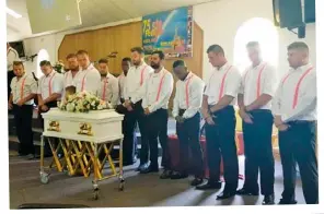  ??  ?? Family of Shanei, along with Reanei’s father, Renier Stols, next to her white coffin at her memorial service.