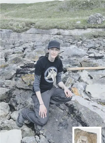  ??  ?? 0 Dr Elsa Panciroli at the site of her monster discovery on the beach on Eigg and, right, the dinosaur bone in the rock
