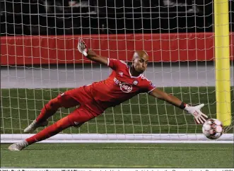  ?? (Arkansas Democrat-Gazette/Thomas Metthe) ?? Little Rock Rangers goalkeeper Walid Birrou attempts to block a penalty kick during the Rangers’ loss to Demize UPSL in July during the National Premier Soccer League playoffs at War Memorial Stadium in Little Rock. The NPSL is scheduled to hold a conference call today regarding the status of the 2020 season.