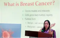  ??  ?? Dr Lakshmi Archana Kumar explains breast cancer and ways to prevent it at the wellness camp organised for Khaleej Times employees on its premises. — Photos by Dhes Handumon