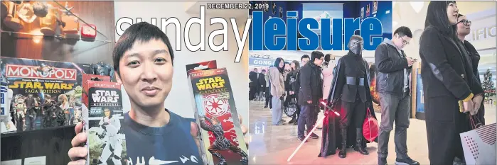  ??  ?? Chen Tao posing with Star Wars collectibl­es at his home in Shanghai. A moviegoer (right, centre) dressed as Star Wars character Kylo Ren waiting in line to watch the ‘The Rise of Skywalker’, at a mall in Beijing, on Friday. — AFP photos