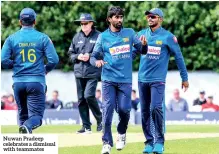  ??  ?? Nuwan Pradeep celebrates a dismissal with teammates