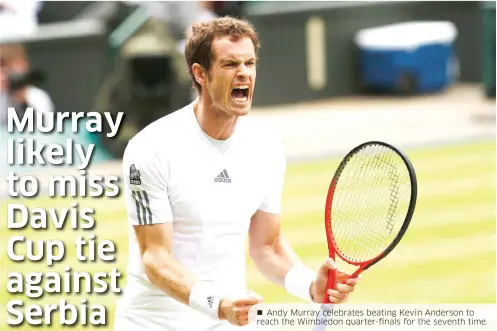  ??  ?? Andy Murray celebrates beating Kevin Anderson to reach the Wimbledon quarter-finals for the seventh time.