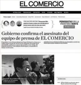  ?? CAPTURA DE PANTALLA ?? El diario El Comercio tiñó de negro su sitio web, luego de que se dio a conocer la muerte de sus tres trabajador­es.