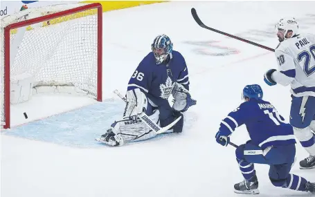  ?? STEVE RUSSELL TORONTO STAR ?? Tampa’s Nick Paul beat Leafs goalie Jack Campbell for his second of the night, which proved to be the series winner.