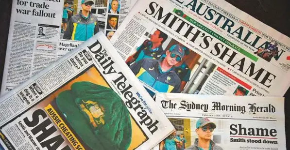  ?? AFP ?? Australian newspapers continued to give front-page coverage to the ball-tampering scandal. Cricket Australia chief James Sutherland issued an apology to fans.