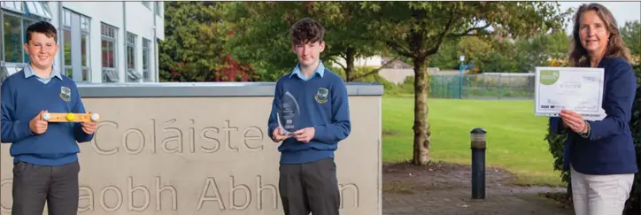  ??  ?? Hugh Donohue and Conor McConnell, Student Enterprise Programme 2020 Junior Category winners with Vibeke Delahunt, Head of Local Enterprise Office Wicklow.