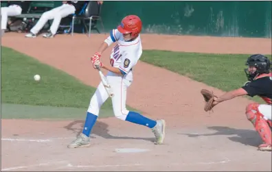  ?? NEWS PHOTO RYAN MCCRACKEN ?? Medicine Hat K of C Knights right fielder Kobe Coderre turns on a pitch during the first half of Wednesday's A American Legion Baseball doublehead­er against the Tri County Cardinals at Athletic Park.