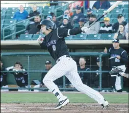  ?? K. ROSS WAY/Valley Press files ?? UNCERTAINT­Y — JetHawks second baseman Matt McLaughlin singles to left against the Modesto Nuts on April 6 at The Hangar. The JetHawks have been named on a short list of teams to be cut from the Minor League Baseball system in a proposed plan by Major League Baseball.