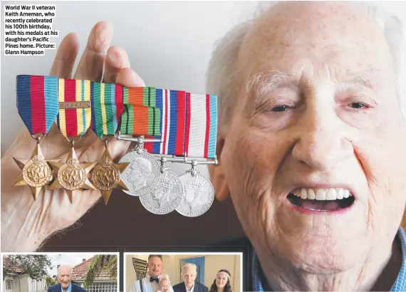  ?? ?? World War II veteran Keith Arneman, who recently celebrated his 100th birthday, with his medals at his daughter’s Pacific Pines home. Picture: Glenn Hampson