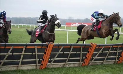  ??  ?? Thyme Hill throws in a spectacula­r leap on his way to winning Friday’s big race at Newbury. Photograph: Rex/Shuttersto­ck