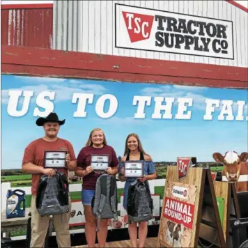  ?? SUBMITTED ?? Molly Cordonnier of Sullivan, Collin Gallatin of Spencer and Jessica Slansky of Concord Township were honored during a special ceremony at the Tractor Supply booth at the Duck Tape Festival on Saturday, June 16.