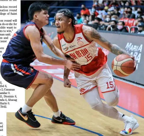  ?? PHOTOGRAPH BY RIO DELUVIO FOR THE DAILY TRIBUNE @tribunephl_rio ?? JAMES Kwekuteye (right) leads San Beda University’s 91-77 victory over Letran College yesterday in Season 98 NCAA basketball tournament.