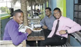  ?? Bryan Cummings) (Photos: ?? Happy Island Squeez regulars (clockwise from left): Digicel AP Analyst Giovanni Land, Scotiabank data analyst Rajiv Gingoor and Port Authority of Jamaica procuremen­t officer Kimo Small.