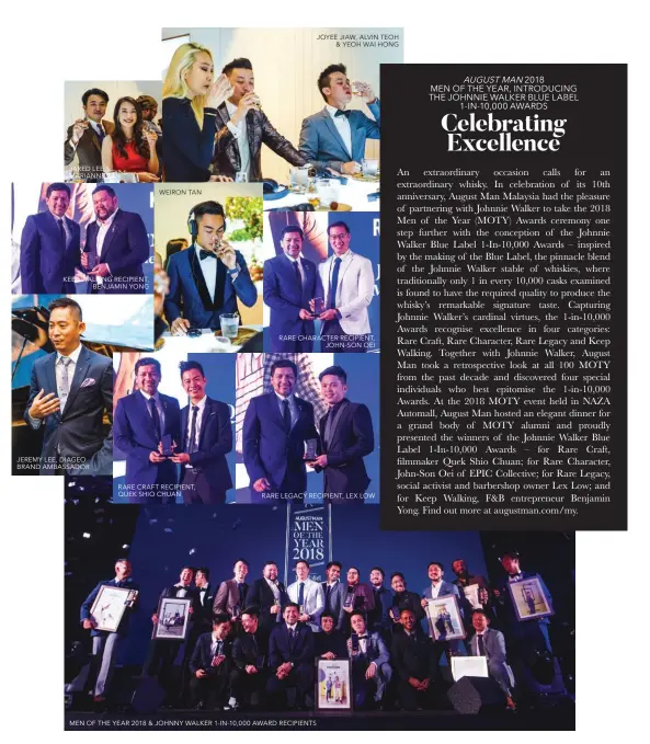  ??  ?? JARED LEE &amp; MARIANNE TAN KEEP WALKING RECIPIENT,BENJAMIN YONG JEREMY LEE, DIAGEO BRAND AMBASSADOR­WEIRON TAN RARE CRAFT RECIPIENT, QUEK SHIO CHUANMEN OF THE YEAR 2018 &amp; JOHNNY WALKER 1-IN-10,000 AWARD RECIPIENTS JOYEE JIAW, ALVIN TEOH&amp; YEOH WAI HONG RARE CHARACTER RECIPIENT,JOHN-SON OEIRARE LEGACY RECIPIENT, LEX LOW