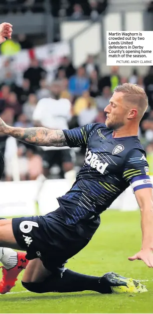  ?? PICTURE: ANDY CLARKE ?? Martin Waghorn is crowded out by two Leeds United defenders in Derby County’s opening home match of the season.