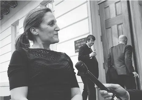  ??  ?? Foreign Affairs Minister Chrystia Freeland speaks to media in Washington on Tuesday. Freeland said NAFTA negotiatio­ns saw “significan­t progress” this week, especially on autos. Meetings will resume around May 7 in hopes of reaching a deal this spring....