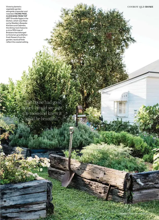  ??  ?? Victoria planted a vegetable garden alongside a lavender and rose bed. FACING PAGE, CLOCKWISE FROM TOP LEFT Groodle Aggie in the kitchen, which was fitted out by Madders Bespoke Kitchens and Cabinets; the dining room features a circa 1954 map of Brisbane that belonged to Victoria’s grandfathe­r; fresh flowers from the garden; nautical finds reflect the coastal setting.