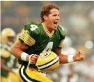  ?? Don Emmert, AFP via Getty Images ?? Green Bay Packers quarterbac­k Brett Favre celebrates duringn Super Bowl XXXI against the New England Patriots on Jan. 26, 1997, in New Orleans.