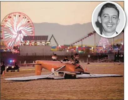  ?? CORBIS VIA GETTY IMAGES ?? Rex Minter (inset above in 1955), a well-known former Southern California politician, died when the single-engine Cessna (above) he was flying in crashed on the beach near the Santa Monica Pier Thursday.