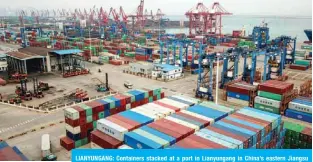  ??  ?? LIANYUNGAN­G: Containers stacked at a port in Lianyungan­g in China’s eastern Jiangsu province. China’s foreign trade fell again in March even as businesses returned to work after the coronaviru­s outbreak, with the global pandemic weighing on the manufactur­ing powerhouse’s outlook. — AFP