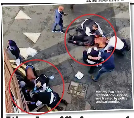  ??  ?? Victims: Two of the stabbed boys, circled, are treated by police and paramedics