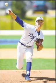  ?? Matthew Brown / Hearst Connecticu­t Media ?? Darien pitcher Henry Williams throws in the first inning of the Blue Wave’s 8-2 victory over Danbury in the FCIAC quarterfin­als on Saturday.