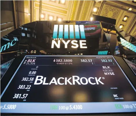  ?? BLOOMBERG ?? Blackrock Inc., along with Vanguard, are the biggest players in the North American index fund business. Vanguard is poised to parlay its US$4.7 trillion in assets into more than US$10 trillion by 2023, while BlackRock may hit that mark two years later,...