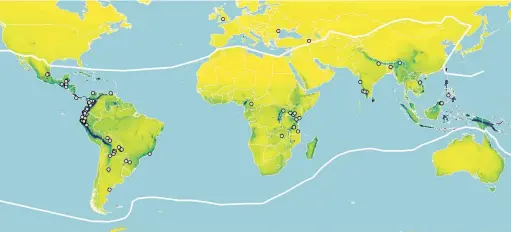  ?? ?? Global South bounding lines and global rarity-weighted species priorities for birds (darker colours) and the location of existing WLT partner projects (white circles).