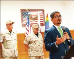  ??  ?? El Centro City Council member Tomás Oliva gives words of encouragem­ent to graduating cadets in attendance during the Youth Cadet Academy graduation ceremony on Thursday at Eagles Lodge in El Centro. PHOTO VINCENT OSUNA