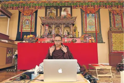  ??  ?? Rinpoche leads his first online meditation from Mipham Shedra Buddhist temple in Westminste­r on March 29. “I think we need to avoid language that we’re being tested, punished or blessed by this pandemic,” says Joe Black, a Denver rabbi.