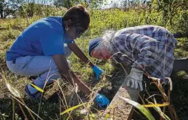  ?? Annie Mulligan photos ?? Lannis Johnson, left, and Virginia Morrison unearth a headstone on Saturday at Byrd Cemetery in Rosenberg. The event cleared 24 graves of veterans from the world wars.