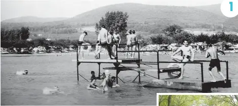  ??  ?? ∫ La plage au tout début, dans les années 1960. Les modules de jeu flottants à l’aquaparc. ∫ Plus qu’un camping, c’est devenu un village. PHOTOS COURTOISIE DOMAINE DE ROUVILLE ET ALAIN DEMERS