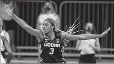  ?? MICHAEL CONROY/AP PHOTO ?? UConn forward Aaliyah Edwards plays against Butler during a game on Feb. 27 in Indianapol­is.