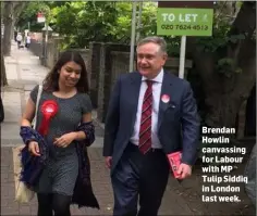  ??  ?? Brendan Howlin canvassing for Labour with MP Tulip Siddiq in London last week.