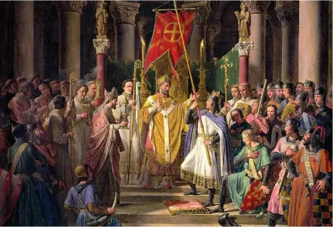  ??  ?? 24 juin 1190 – Philippe Auguste prend l’oriflamme à Saint-Denis (1841), de Pierre-Henri Révoil. Le roi de France – il est le premier à faire porter la mention sur les actes officiels –, s’apprête à partir pour la troisième croisade.