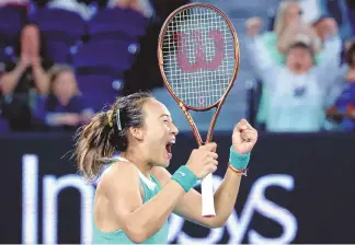  ?? ASANKA BRENDON RATNAYAKE / ASSOCIATED PRESS ?? Zheng Qinwen of China celebrates after defeating Dayana Yastremska of Ukraine in Thursday’s semifinal match at the Australian Open tennis championsh­ips at Melbourne Park.