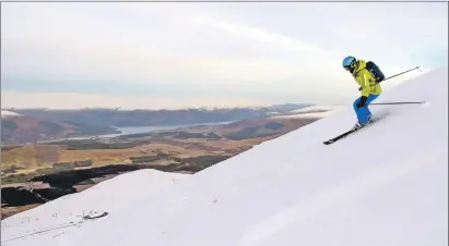  ??  ?? Skier Charne Hawkes, Inverness, high above Nevis Range gondola in January.